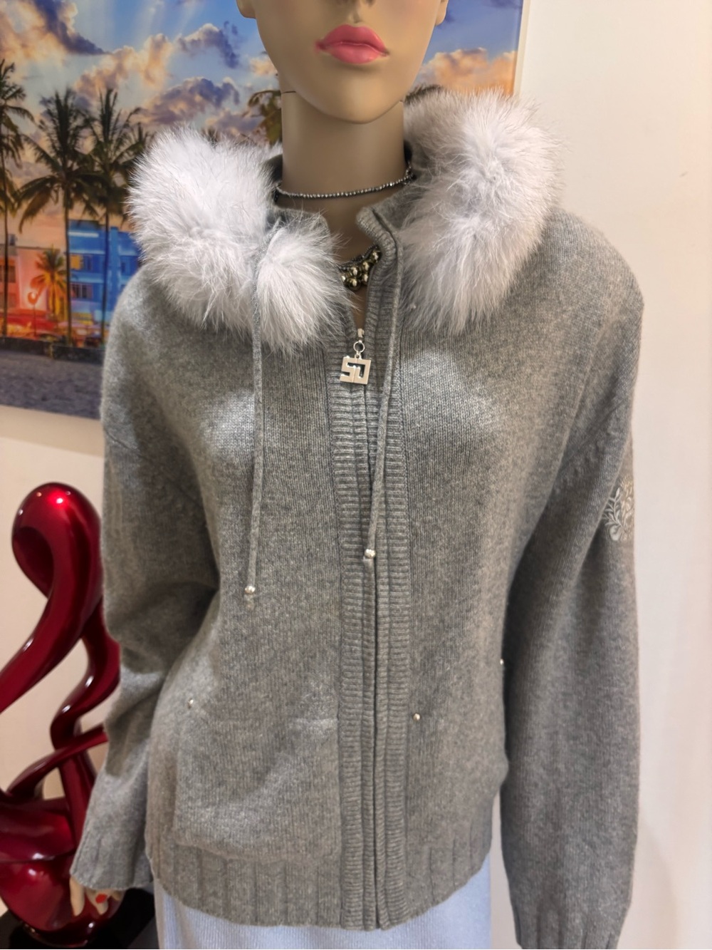 St. John 100% cashmere sweater Gray Hooded Zip Cardigan Fox fur trim XL 14